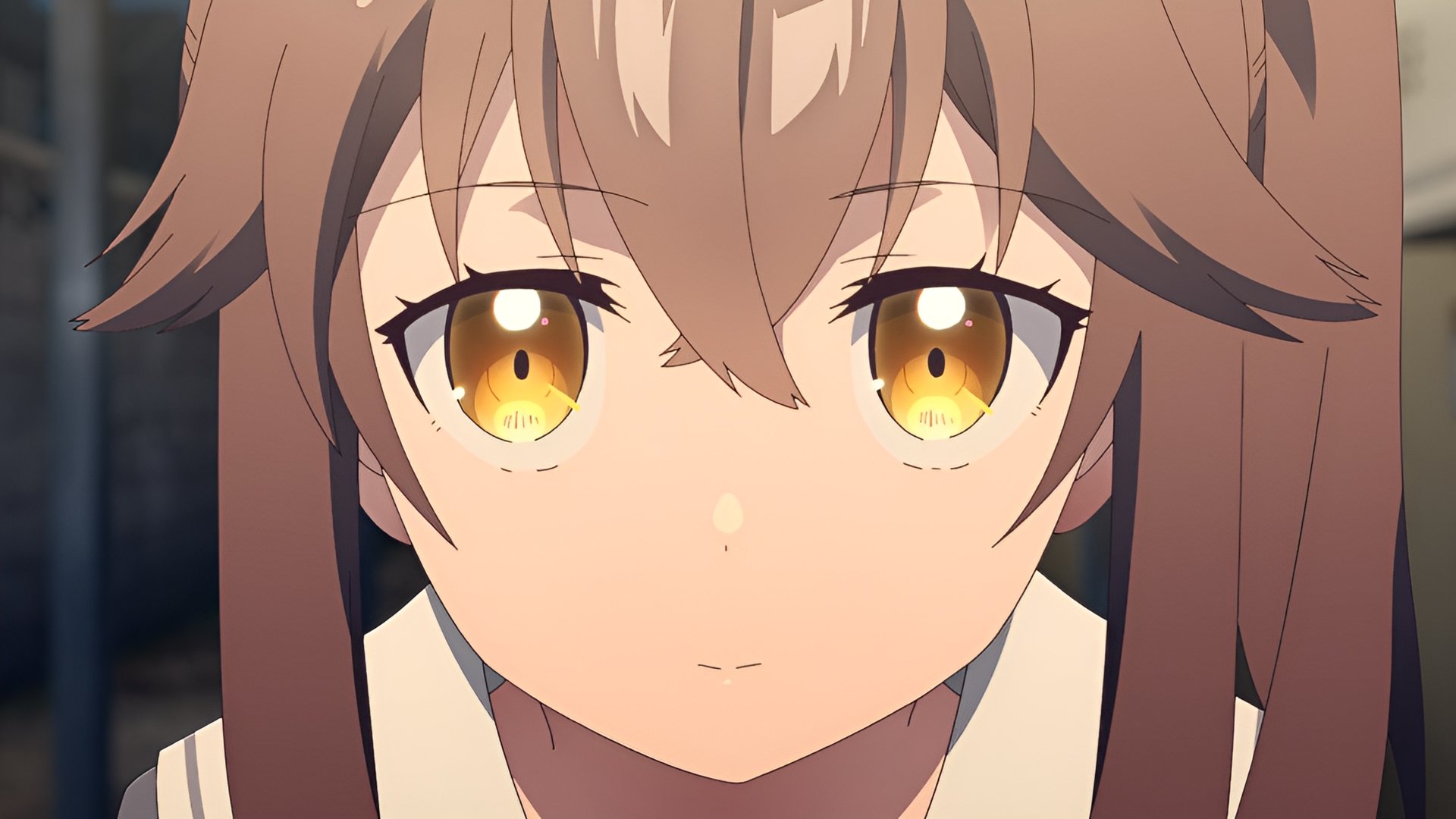 Close-up of an anime character from Sasaki and Peeps (Otonari-san) with amber eyes, featured as a 4K Ultra HD PC desktop wallpaper.