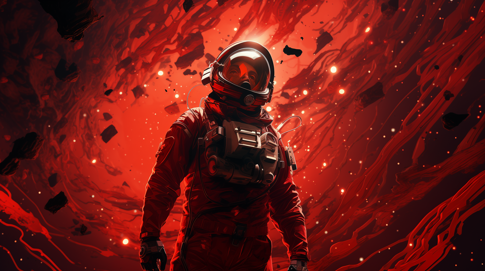 An astronaut in a striking red suit stands against a dramatic backdrop of swirling space debris, embodying the essence of sci-fi and space opera in this HD desktop wallpaper.