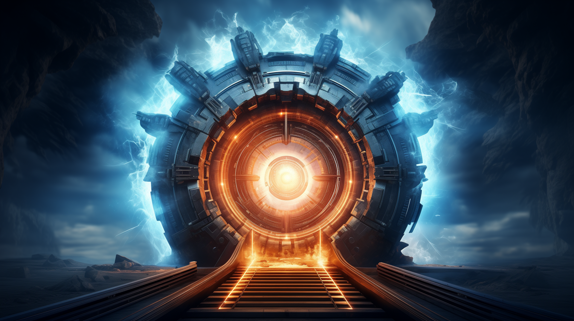 A captivating sci-fi portal emits a vibrant glow, framed by dramatic lighting and surrounded by jagged terrain, creating an immersive HD desktop wallpaper and background.