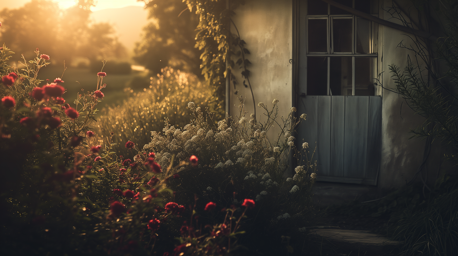HD desktop wallpaper featuring a serene garden with blooming flowers beside a rustic door, bathed in warm sunlight.