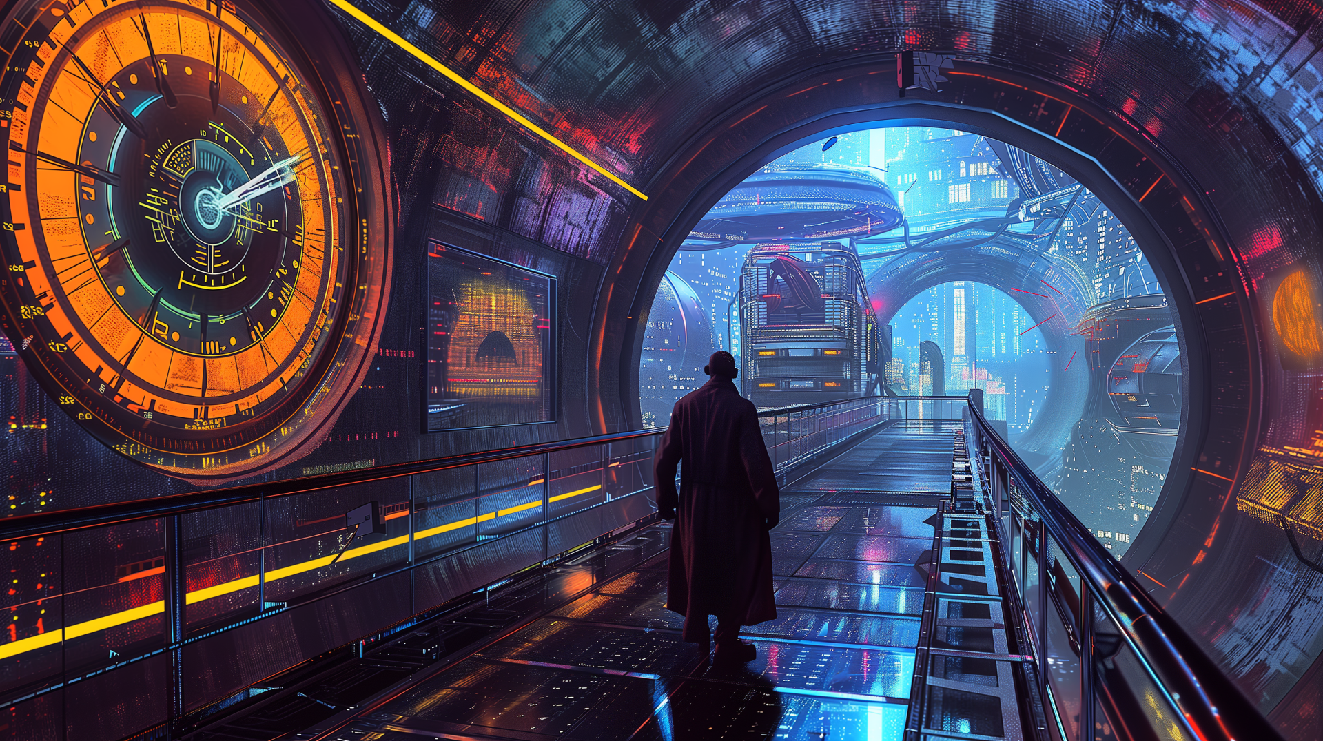 Sci-fi time travel concept with a person standing in a futuristic tunnel with a large clock portal - HD desktop wallpaper and background.