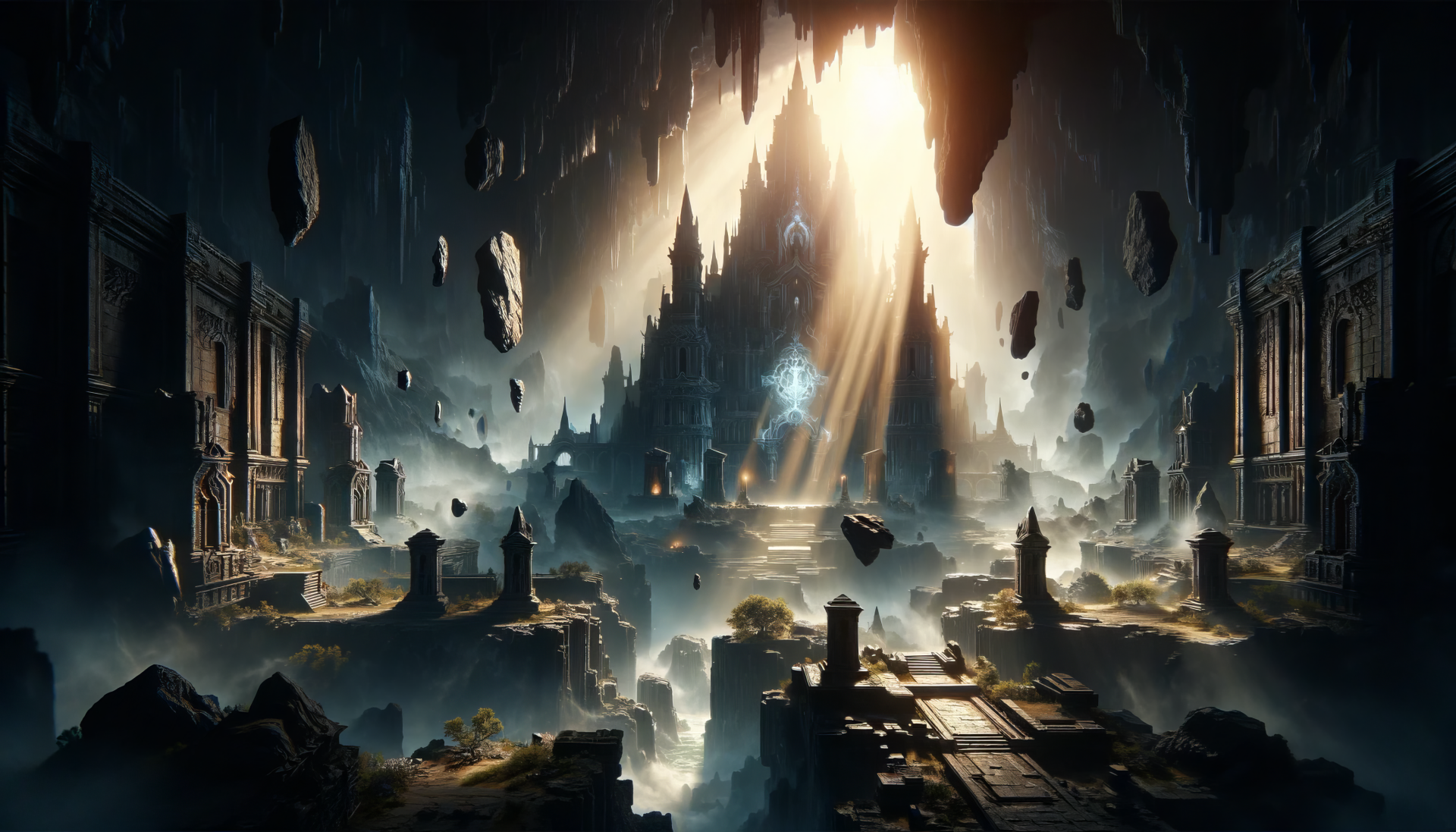 Enchanting HD fantasy castle wallpaper with floating rocks and mystical light beams for desktop background.