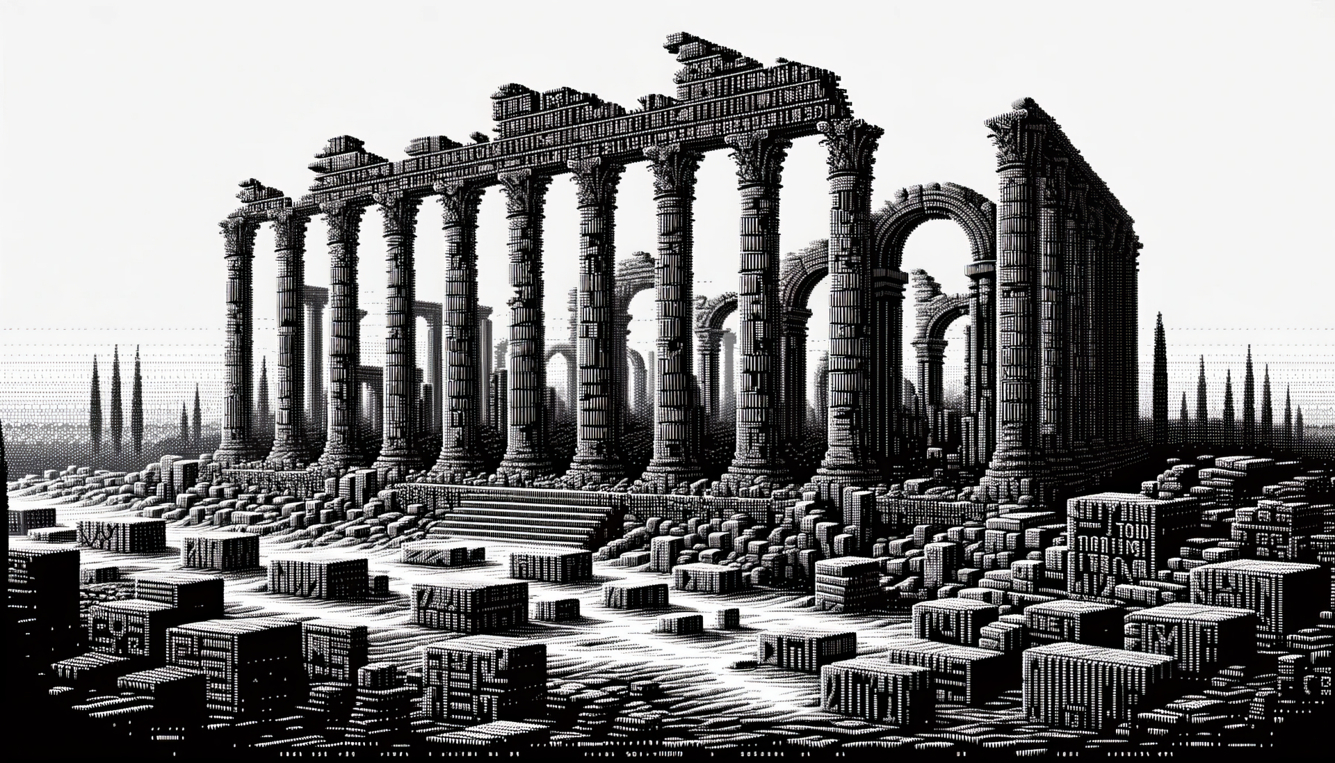 HD wallpaper depicting a detailed sketch of an ancient ruin with towering columns and scattered stone blocks.