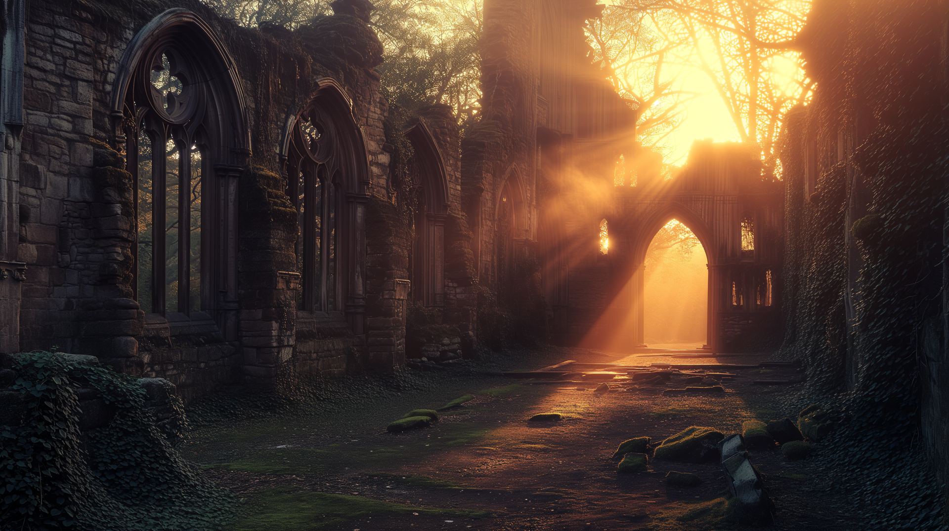 A captivating HD wallpaper showcasing ancient ruins bathed in golden sunlight, with ethereal beams piercing through crumbling archways and lush greenery surrounding the scene.