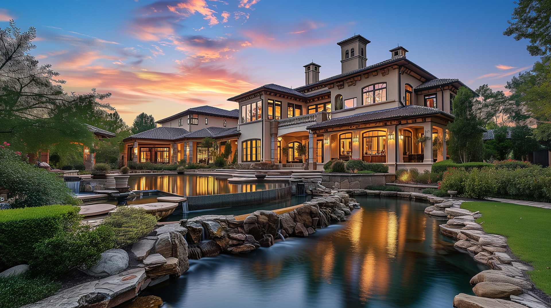 Luxury mansion dream home with pool and garden at sunset, HD desktop wallpaper and background.