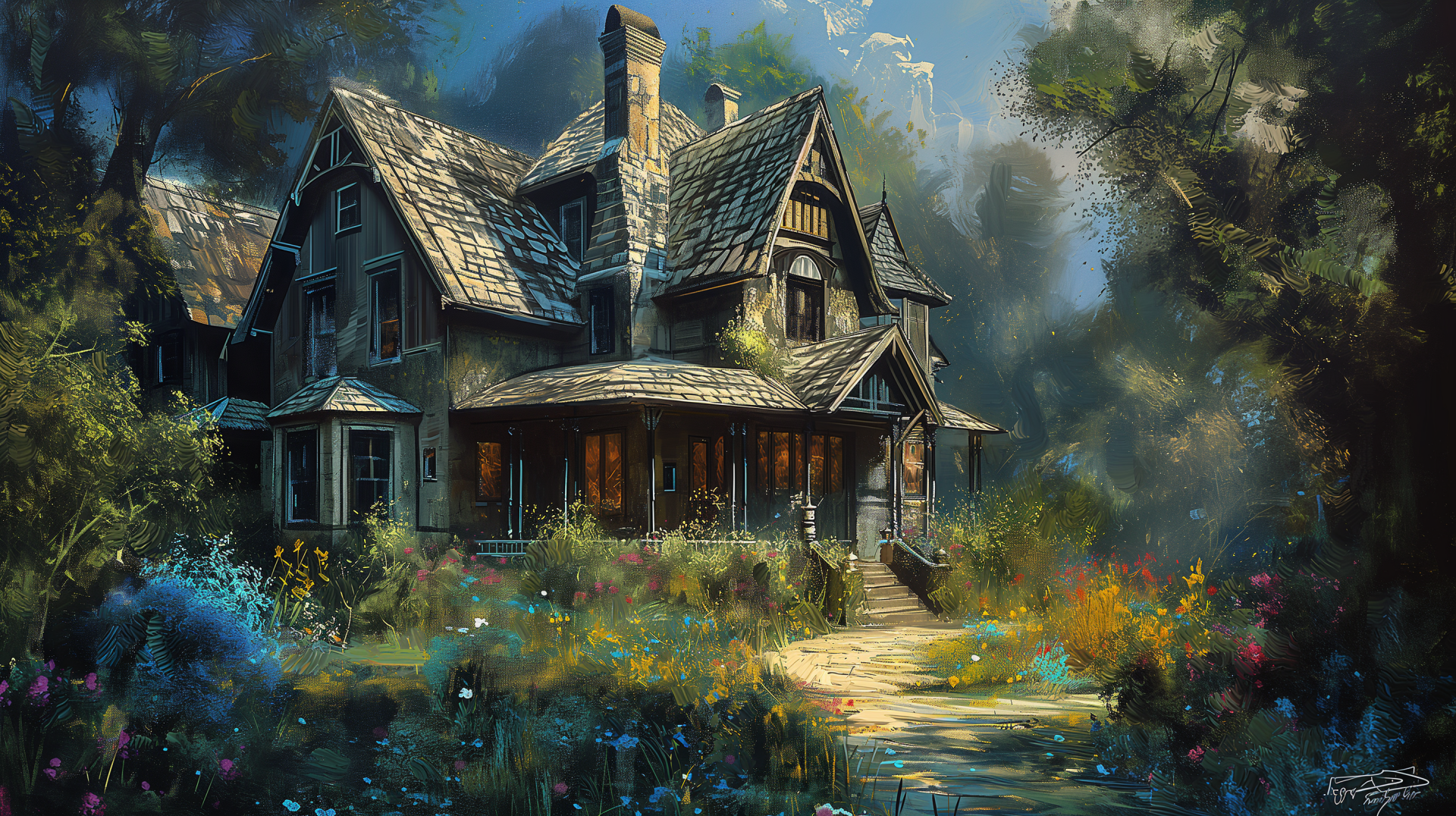 HD wallpaper featuring an idyllic dream home with a quaint Victorian-style house surrounded by lush gardens and forest.