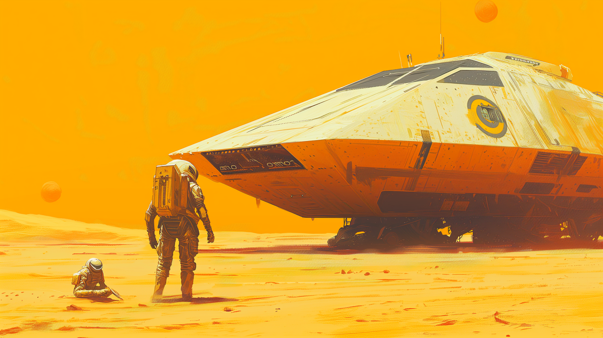 Sci-fi themed HD wallpaper featuring a spaceship on a desert planet with an astronaut and robot.