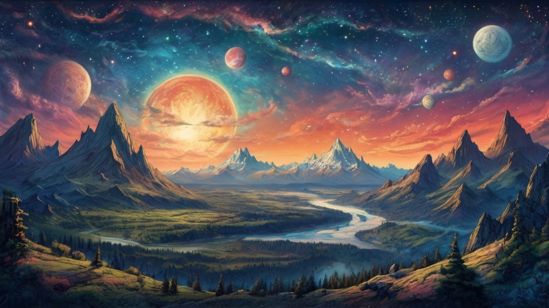 HD desktop wallpaper showcasing a vibrant night sky with multiple moons and planets over a dark, mountainous landscape under a glowing cosmic sky.