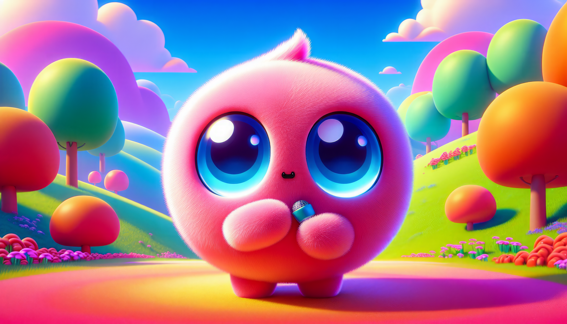 HD desktop wallpaper featuring an adorable cartoon creature with large eyes in a colorful fantasy landscape.