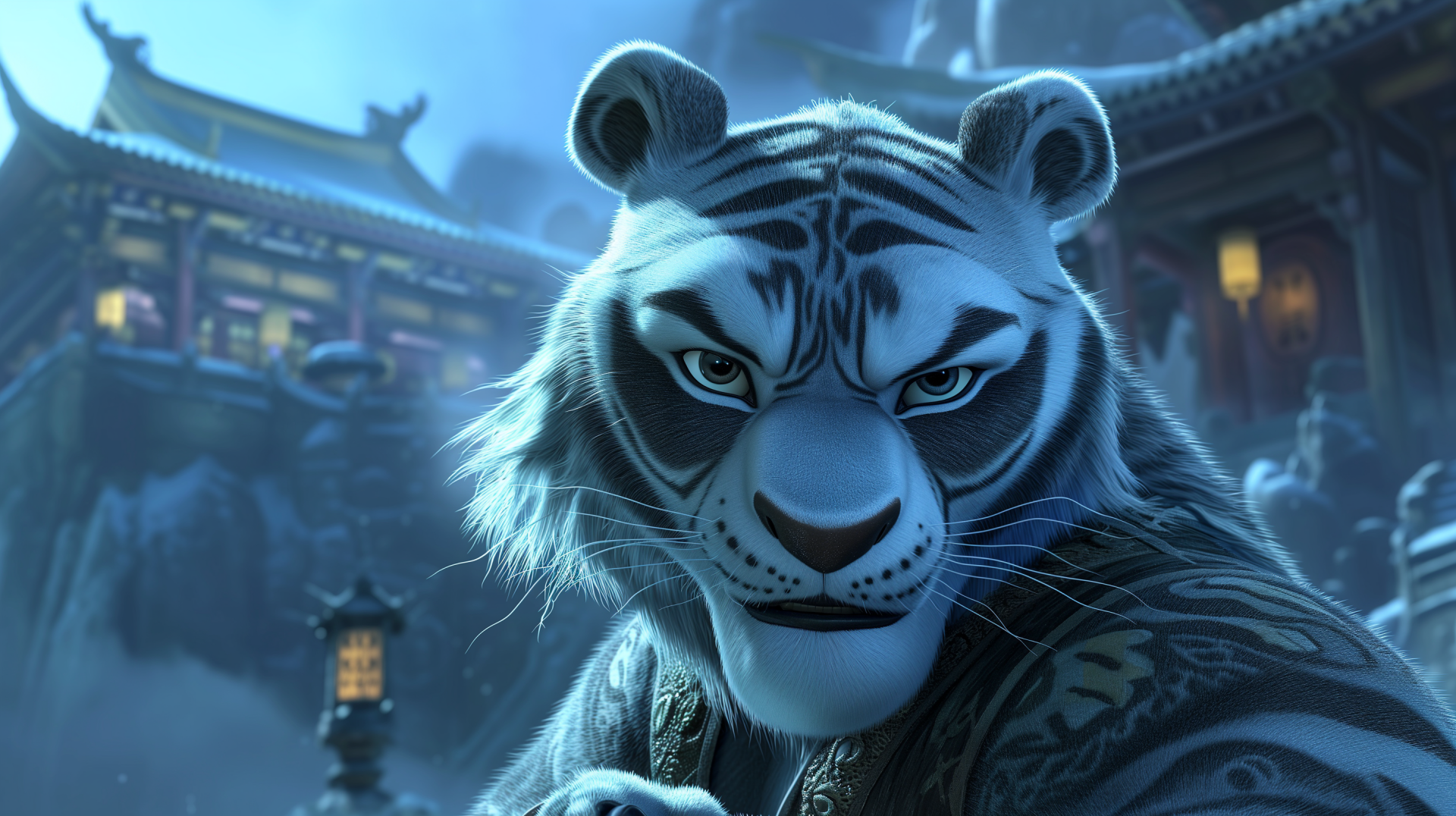 HD cartoon tiger wallpaper showcasing a Kung Fu master tiger with a traditional dojo background.