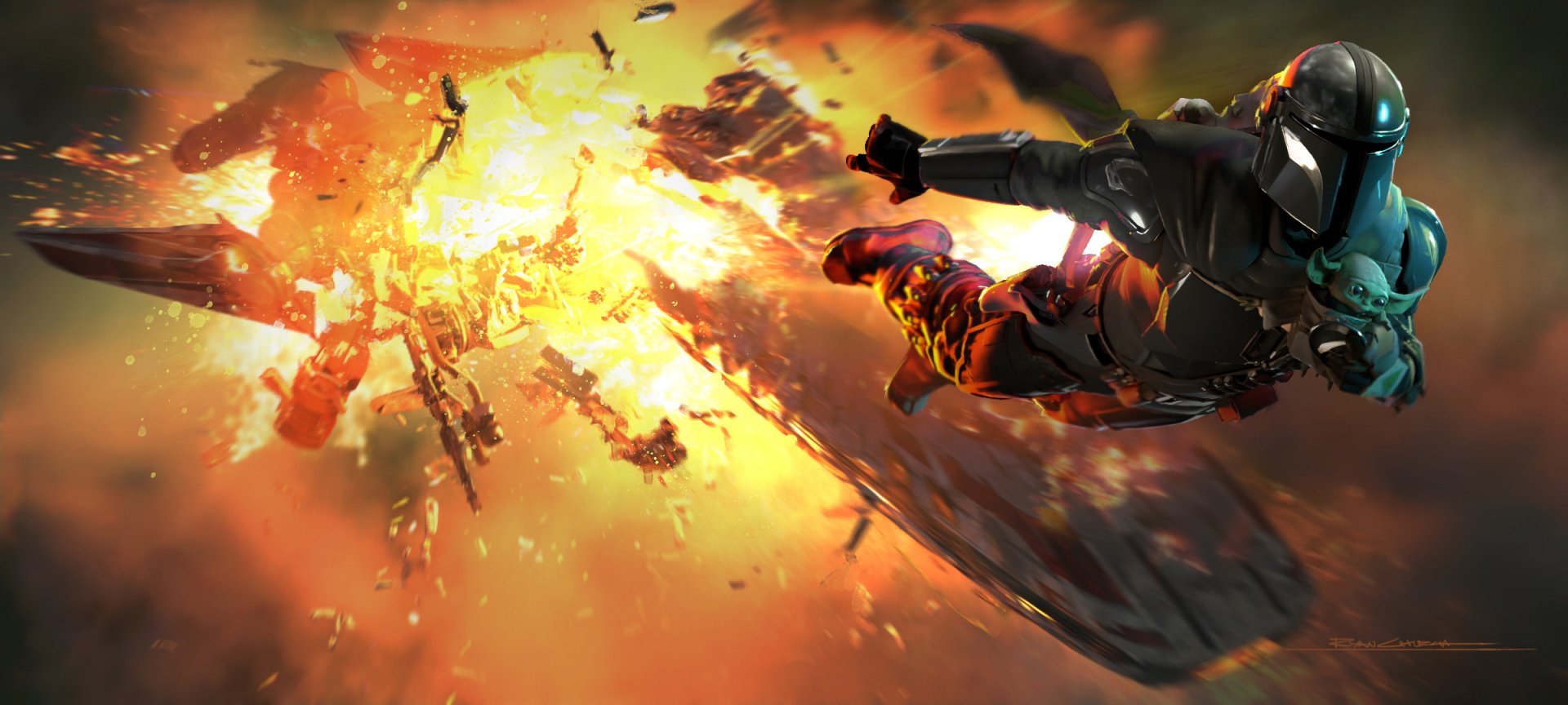 HD wallpaper of The Mandalorian and Grogu from the TV show The Mandalorian, depicting an action-packed scene with an explosion.