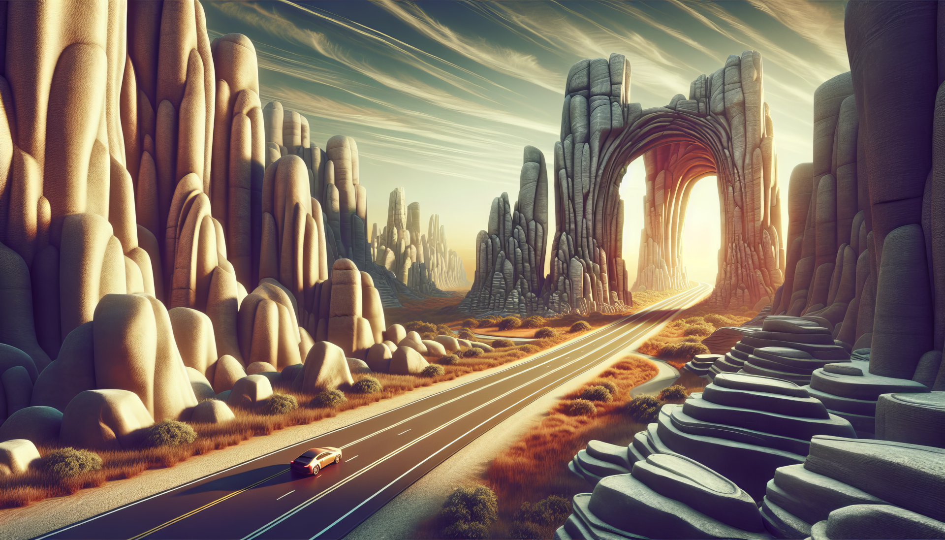HD wallpaper of a scenic road trip with a car driving towards a majestic archway in a surreal desert landscape at sunset.