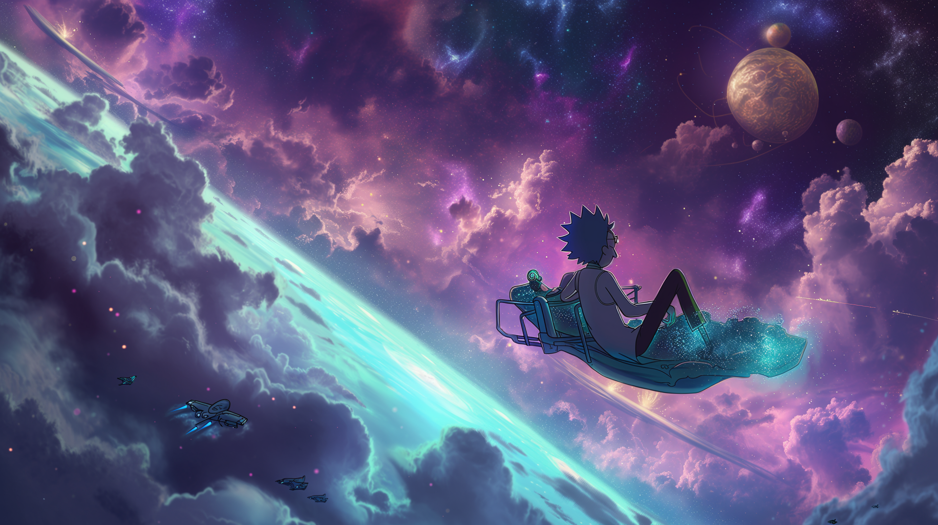 A vibrant HD wallpaper featuring Rick Sanchez from Rick and Morty, lounging in space amidst colorful clouds and distant planets, capturing the show's adventurous spirit.