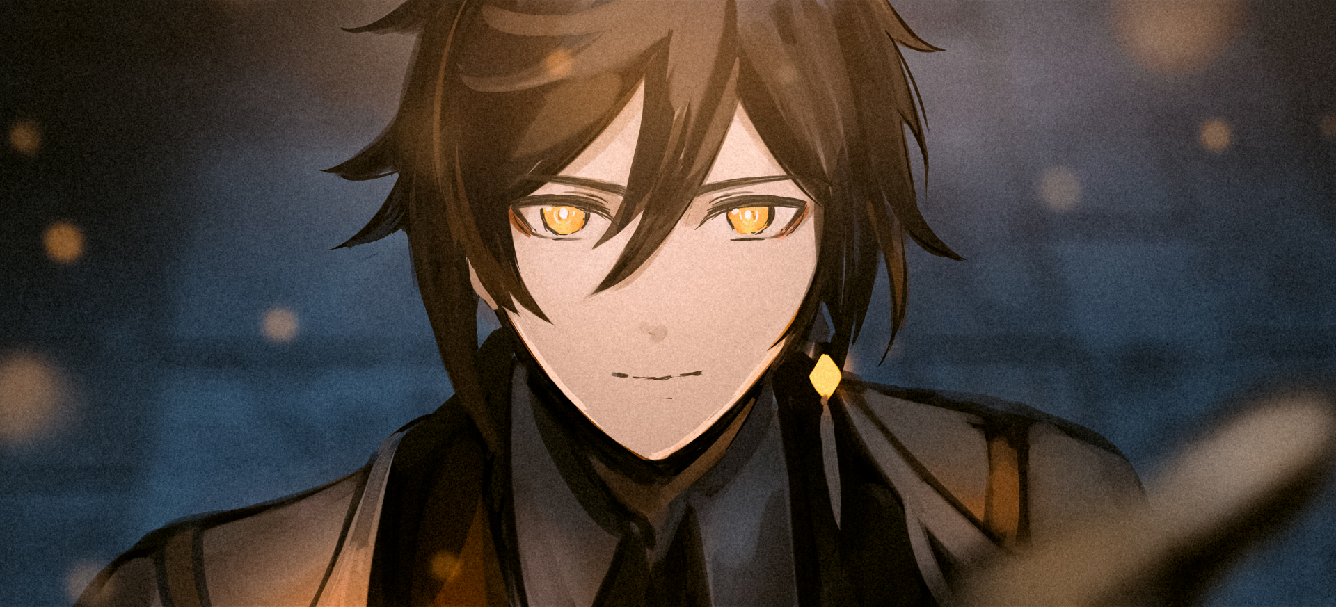 HD PC desktop wallpaper of Zhongli from Genshin Impact, featuring his distinctive amber eyes and dark hair against a softly lit background.