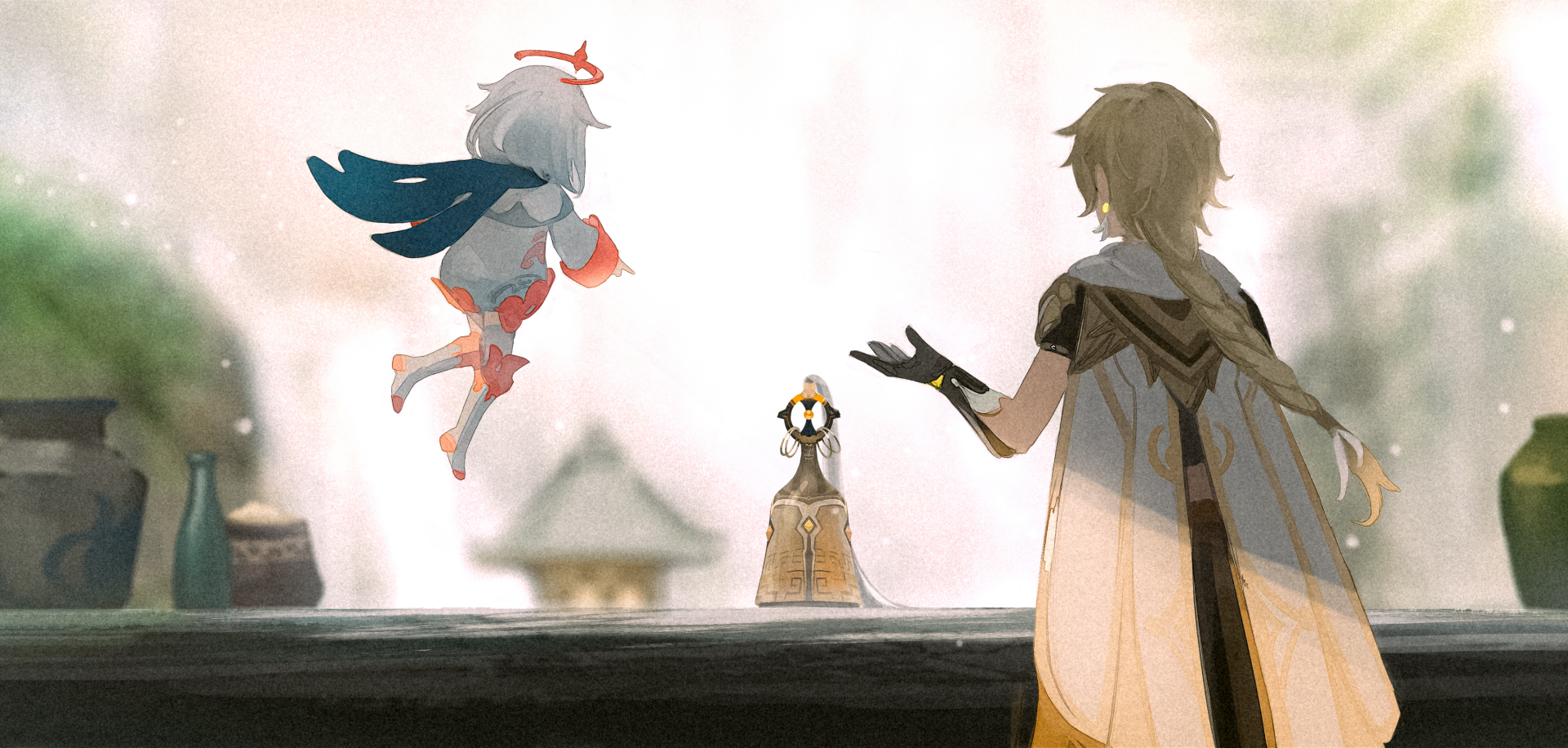 HD PC desktop wallpaper featuring Genshin Impact characters Aether and Paimon interacting near a bell, with soft lighting and a blurred background.