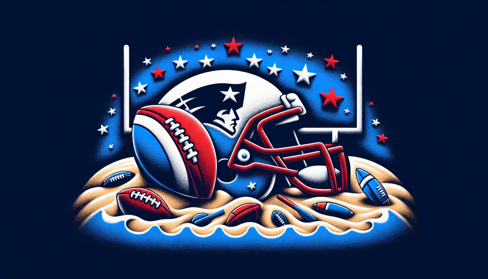 A vibrant HD desktop wallpaper featuring New England Patriots imagery, showcasing a helmet, footballs, and stars against a striking blue background.