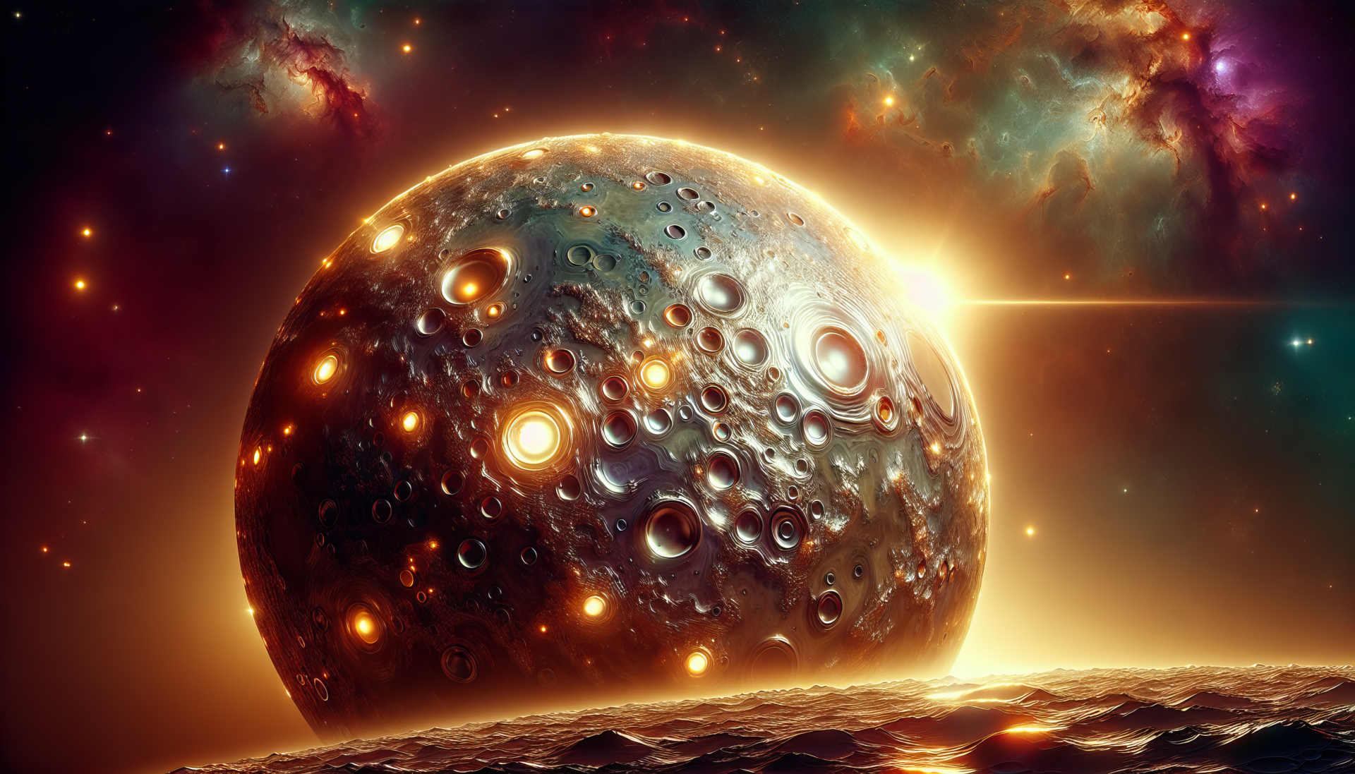 HD desktop wallpaper featuring the planet Mercury with a vibrant cosmic backdrop and shining craters.