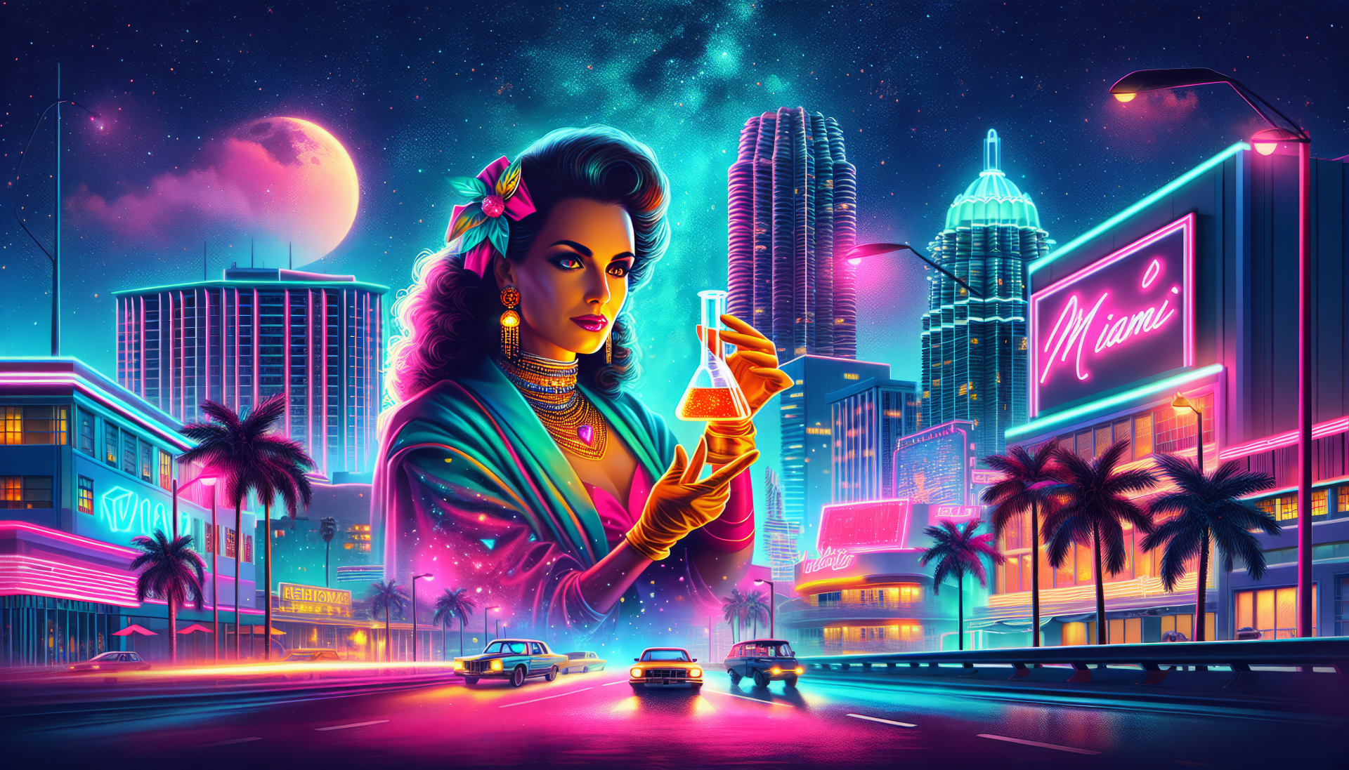 Retro-futuristic scientist with beaker illustration for HD desktop wallpaper featuring neon-lit cityscape background.