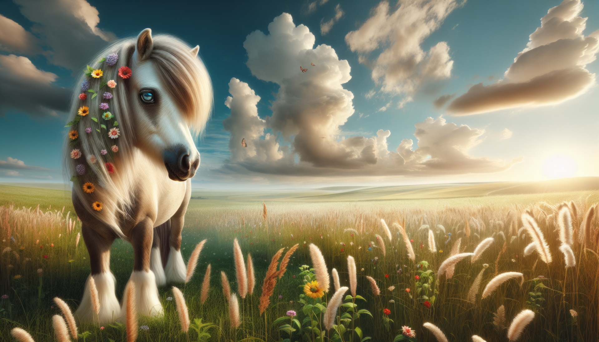 Decorated pony in a sunny meadow HD desktop wallpaper and background.