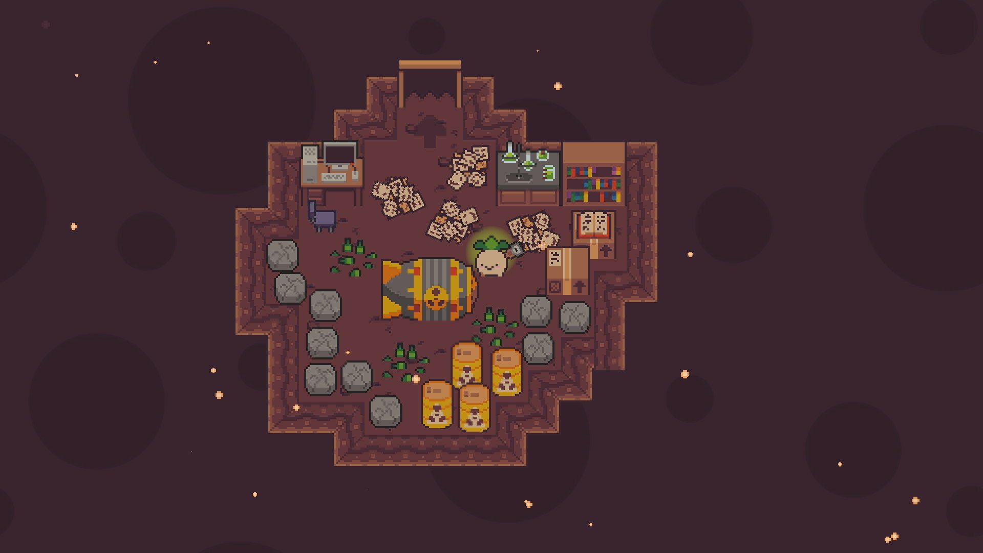 HD desktop wallpaper featuring Turnip Boy Commits Tax Evasion video game scene with playful in-game artwork for game enthusiasts.