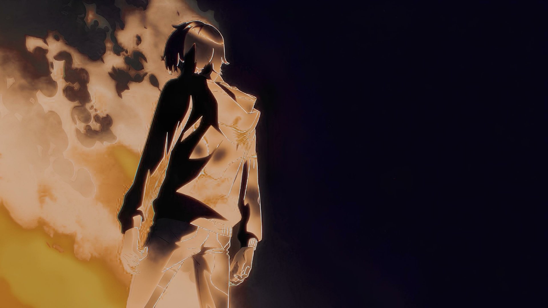Solo Leveling anime 2K Quad HD desktop wallpaper: Sung Jin-Woo silhouette backlit by a fiery glow against a vast, dark background.
