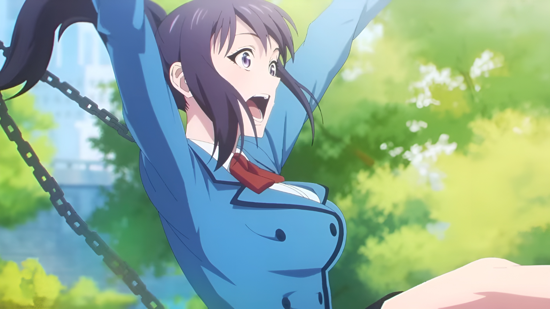 HD PC desktop wallpaper featuring an anime character from Solo Leveling, expressing excitement with arms raised against a bright, green outdoor background.