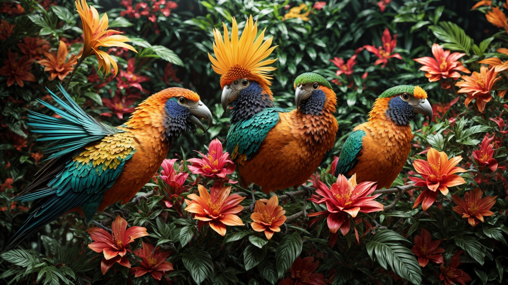 Vibrant colorful parrots perched among red-orange jungle flowers and lush tree foliage — 2K Quad HD PC desktop wallpaper background