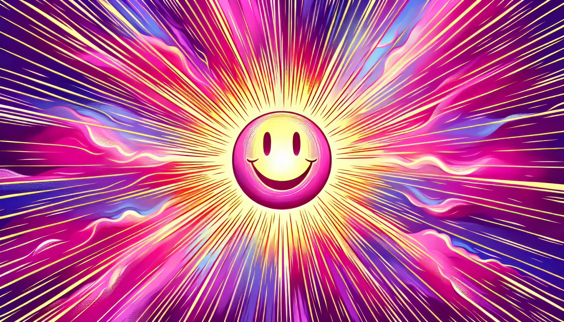 HD desktop wallpaper featuring a radiant smiley face with a vibrant explosion of pink and purple colors in the background.