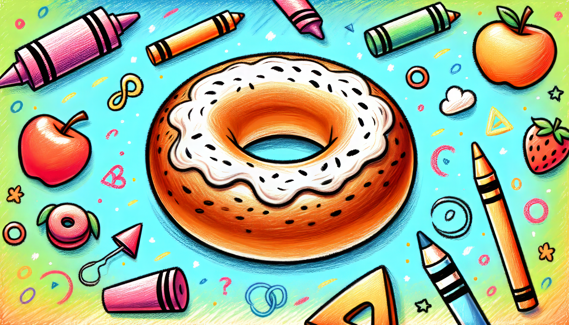 HD desktop wallpaper featuring a colorful illustration of a bagel surrounded by crayons, apples, and playful school-themed doodles.