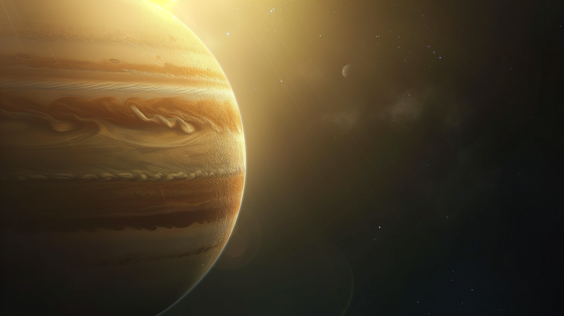 A stunning HD desktop wallpaper of Jupiter, the majestic gas giant, showcasing its swirling clouds and radiant colors against a cosmic backdrop.