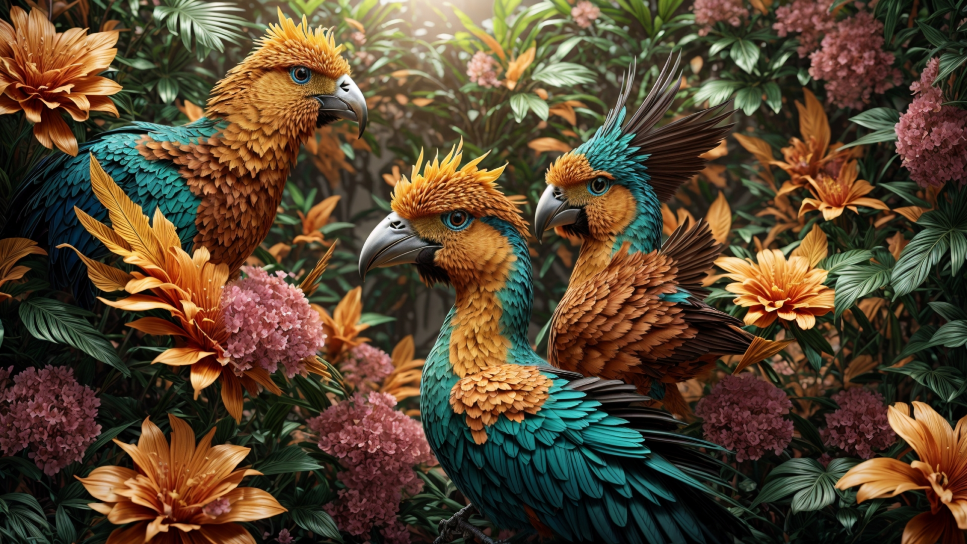 2K Quad HD PC desktop wallpaper and background: three colorful parrots perched among lush jungle flowers and foliage on a tree, with vibrant teal, gold, and orange plumage.