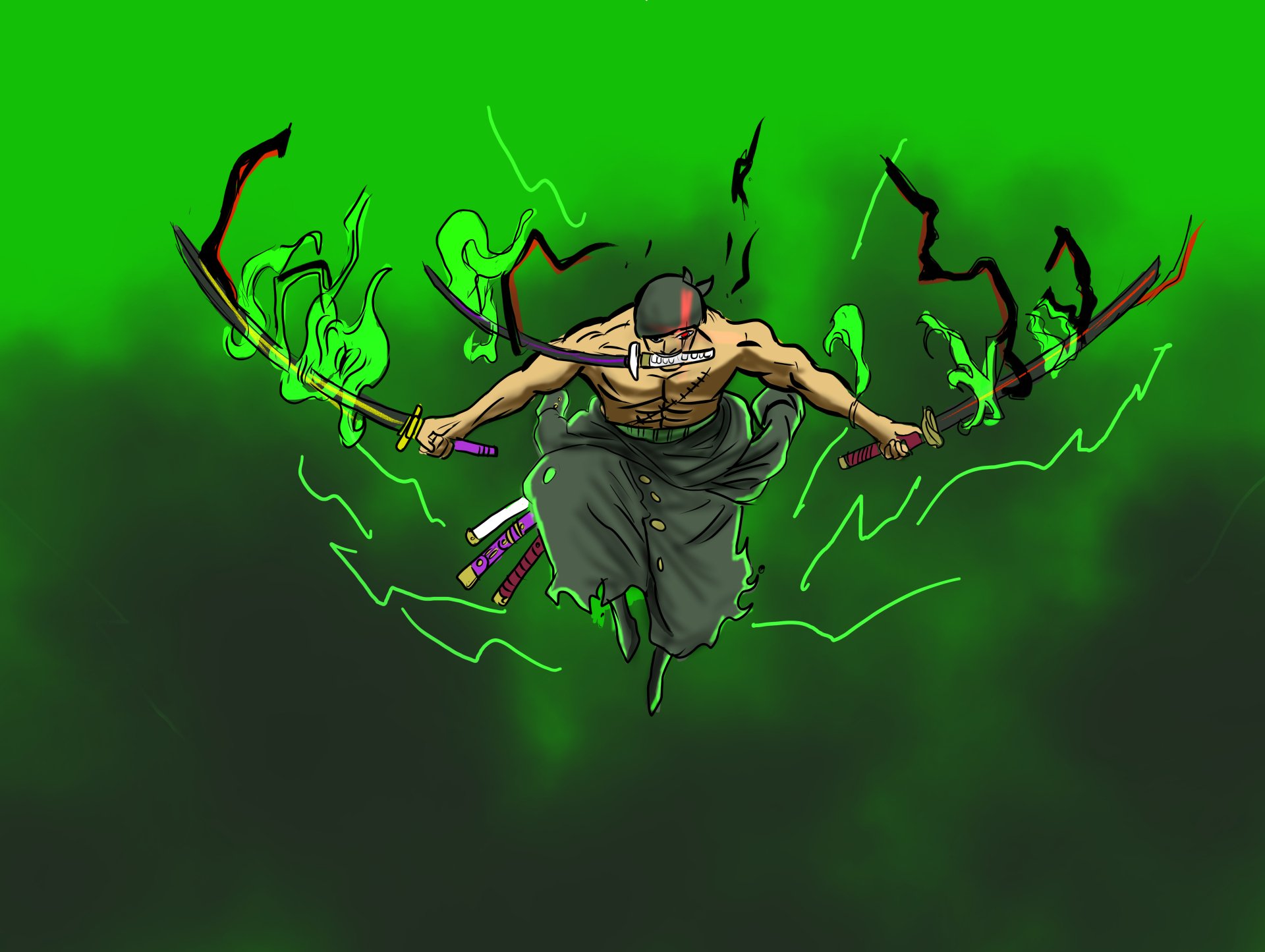 4K Ultra HD PC desktop wallpaper featuring Roronoa Zoro in a dynamic pose with glowing green swords and electric energy on a dark green background.