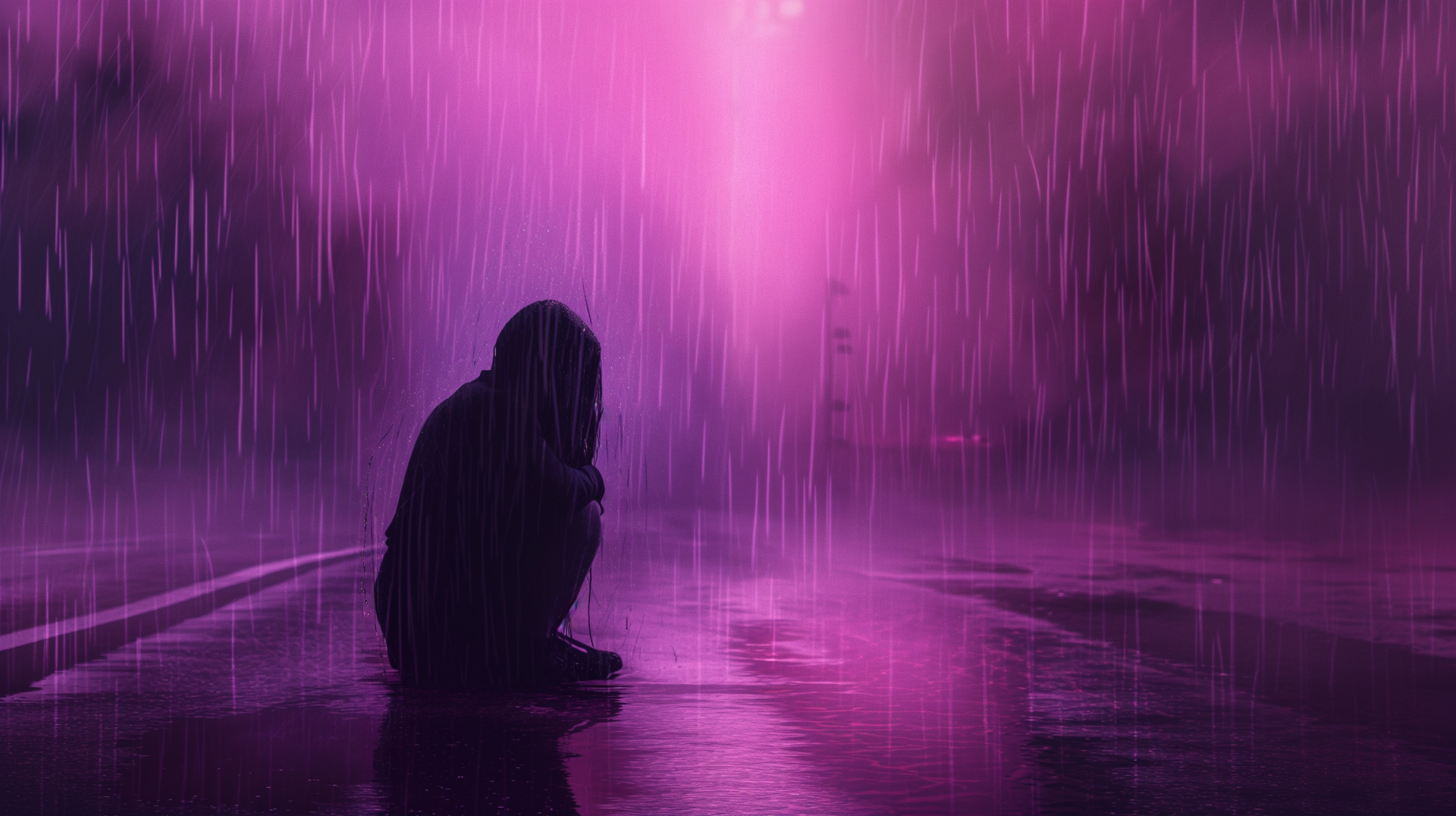 A sad lofi girl sits in solitude, silhouetted against a backdrop of purple rain. This HD desktop wallpaper conveys a melancholic yet captivating atmosphere.
