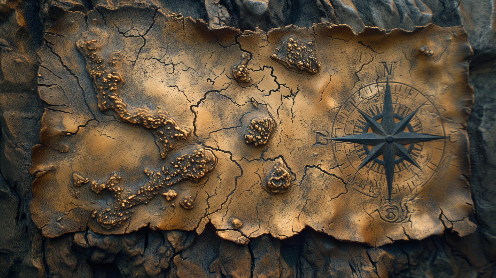 HD desktop wallpaper of a detailed treasure map with a compass rose on aged parchment, set against a rocky background.
