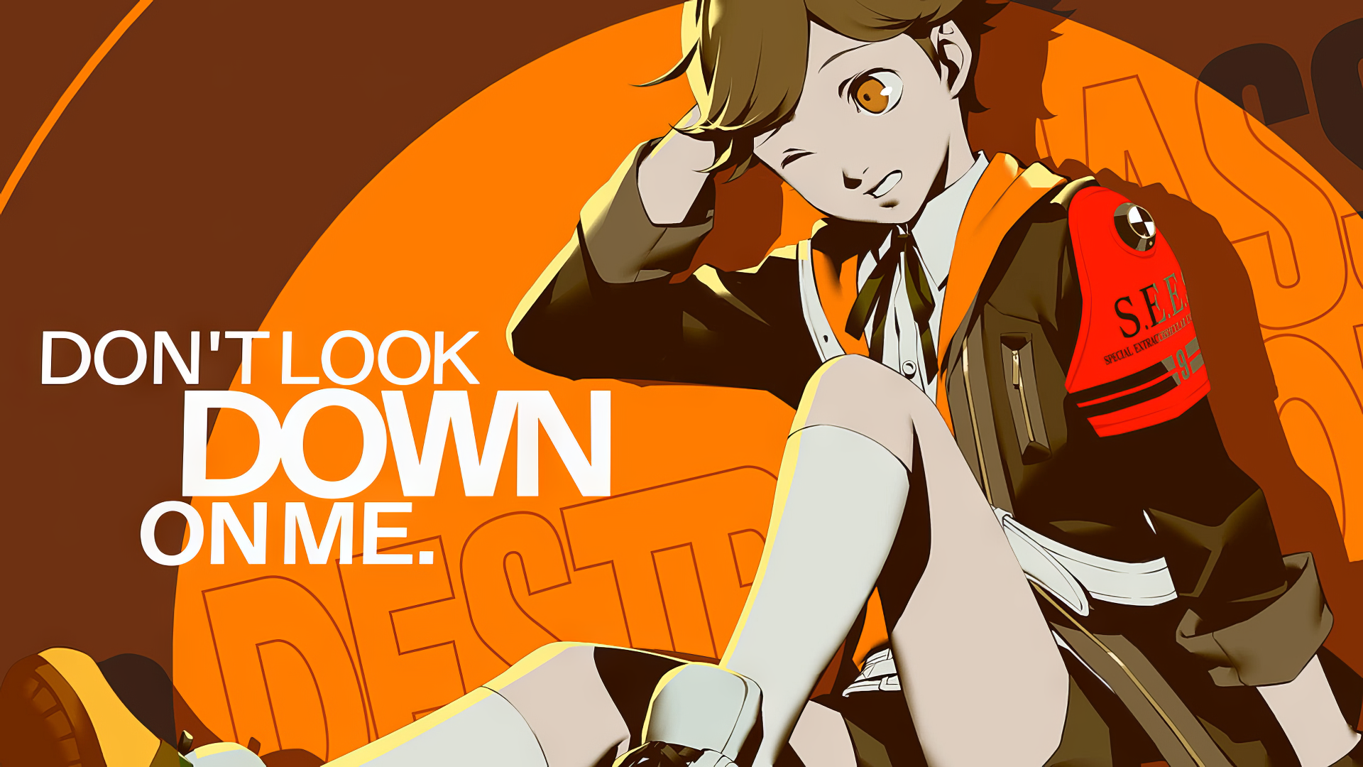 HD desktop wallpaper featuring stylish art from Persona 3 Reload video game with vibrant orange background and a character dressed in a school uniform striking a confident pose.