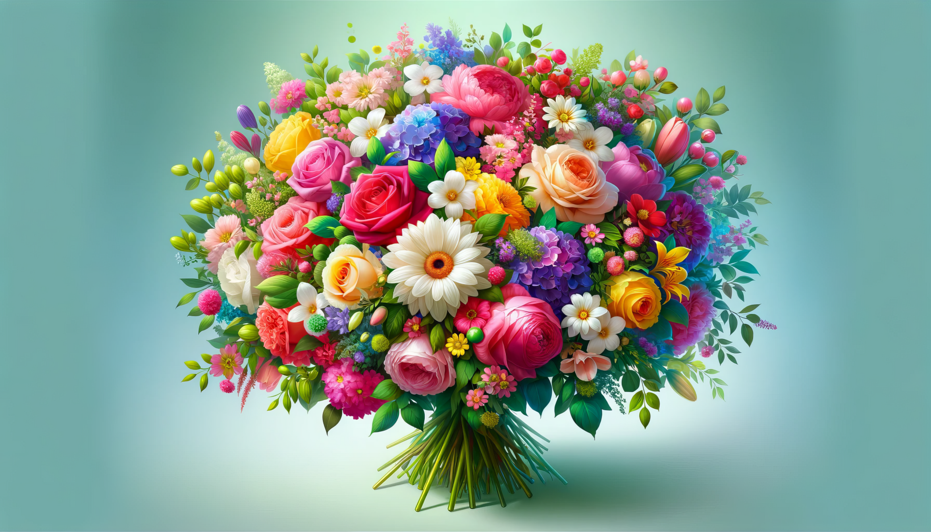 HD desktop wallpaper featuring a vibrant wedding bouquet with a mix of colorful flowers on a soft blue background.
