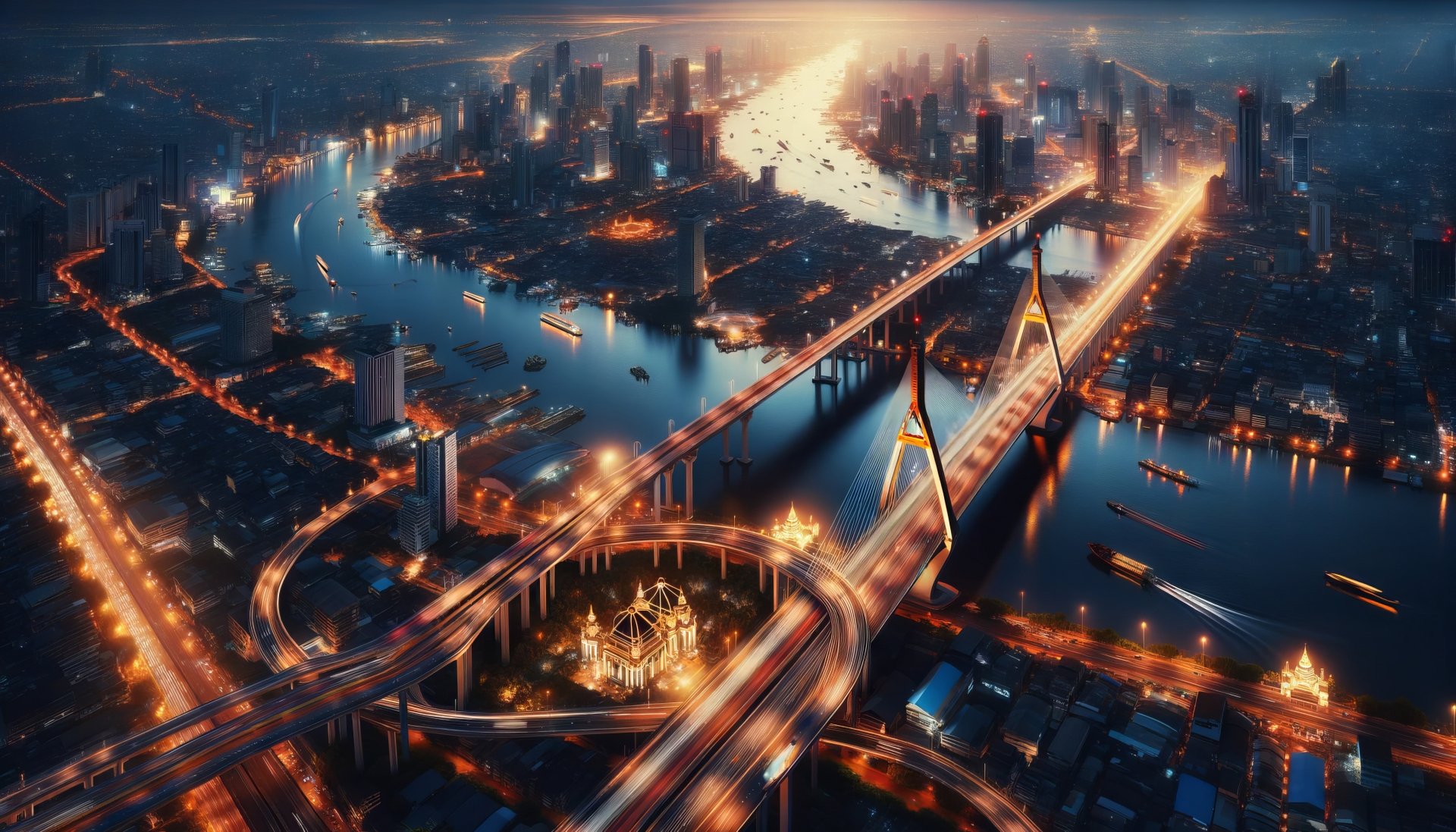 Stunning HD desktop wallpaper of a cityscape at twilight with a prominent bridge crossing over a river, illuminated by city lights.