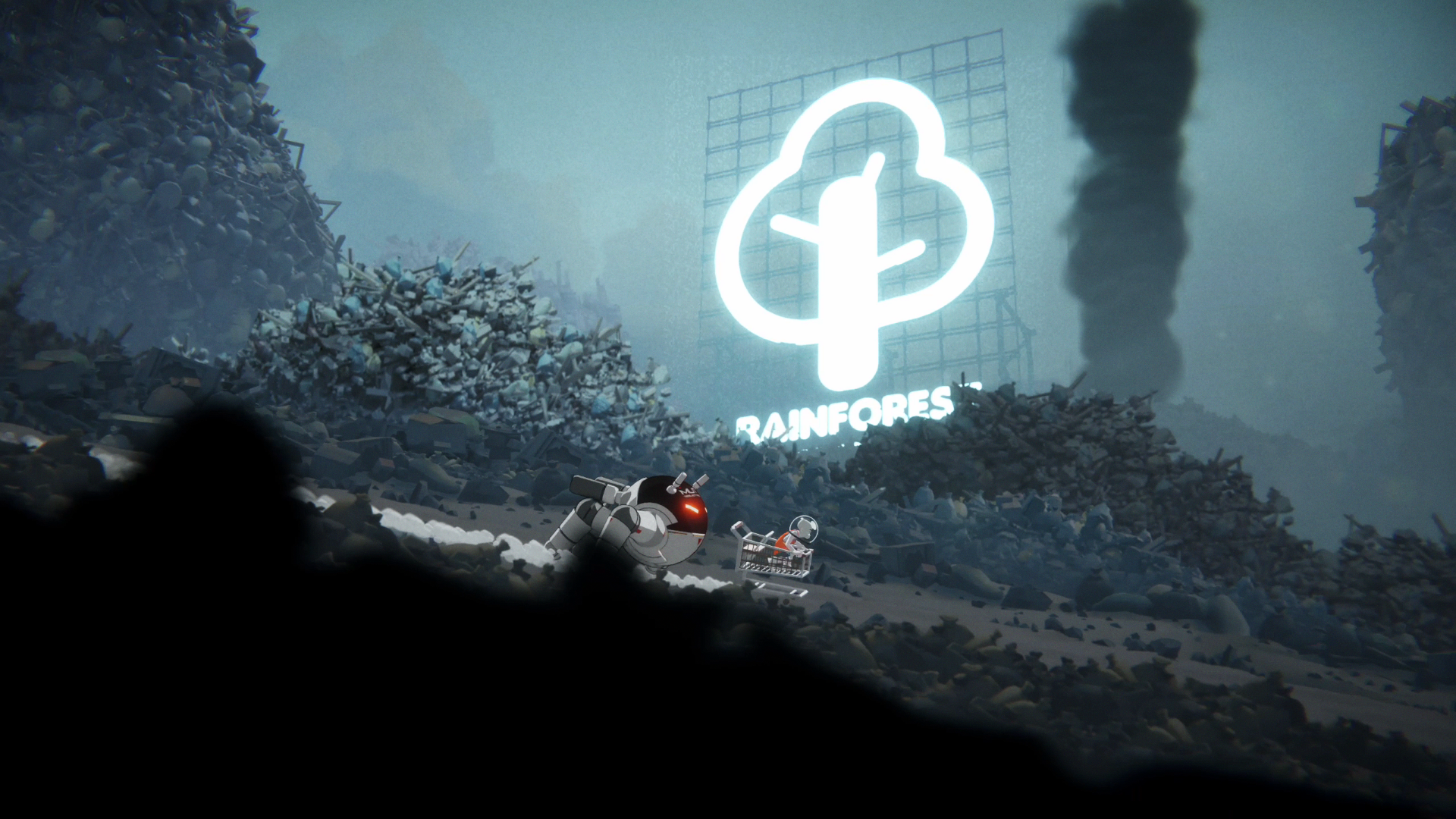 HD desktop wallpaper featuring a scene from the video game 'The Cub' with a neon logo and characters in a foggy landscape.