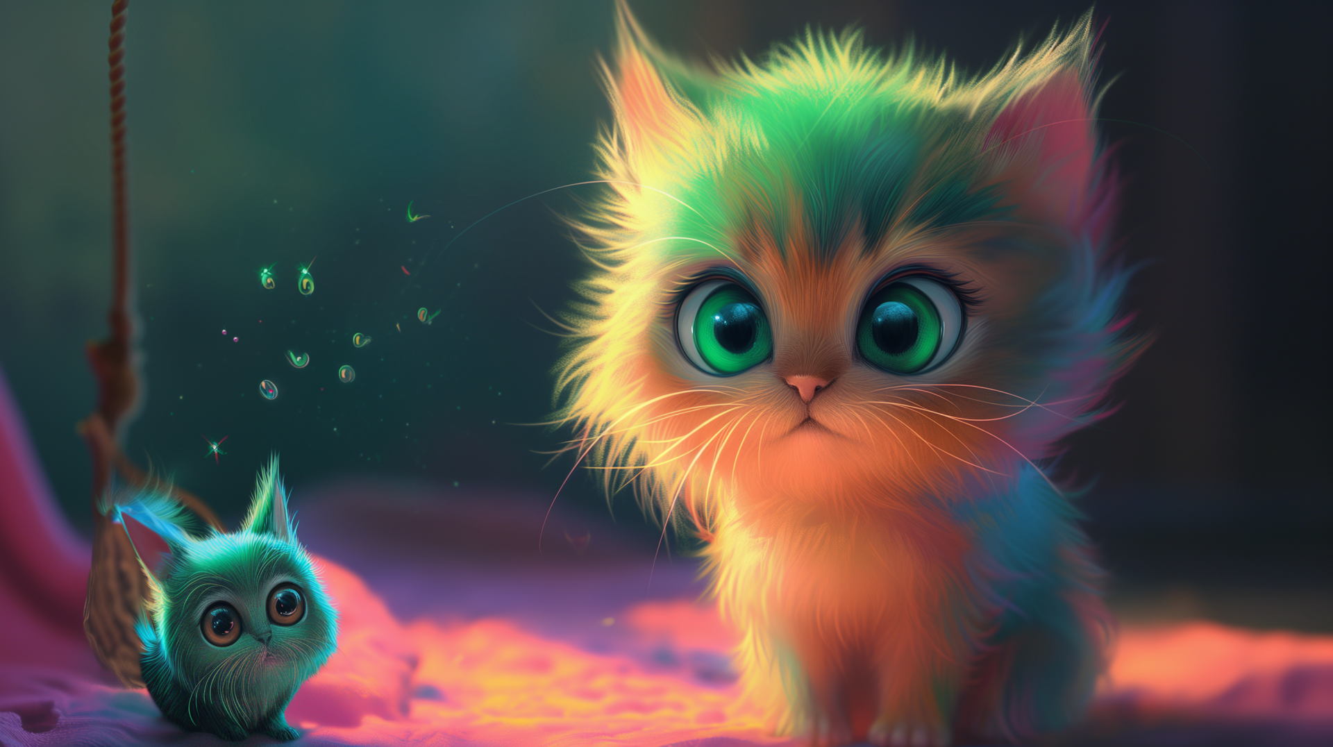 HD desktop wallpaper featuring an adorable fluffy kitten with big green eyes and a miniature blue owl companion, tagged as cute, against a whimsical vibrant background.