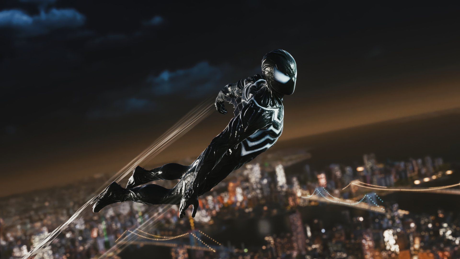 HD Wallpaper of Spider-Man swinging above cityscape in Marvel's Spider-Man 2 video game