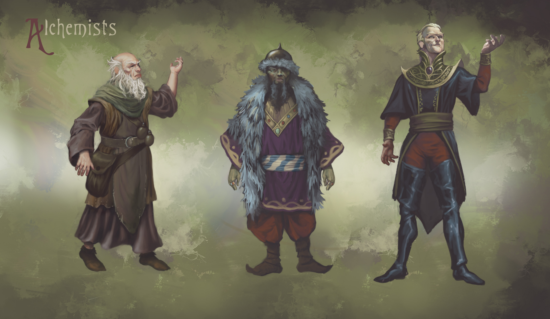 HD desktop wallpaper featuring three Alchemist characters from the video game Graven, showcasing their detailed fantasy designs against a misty backdrop.