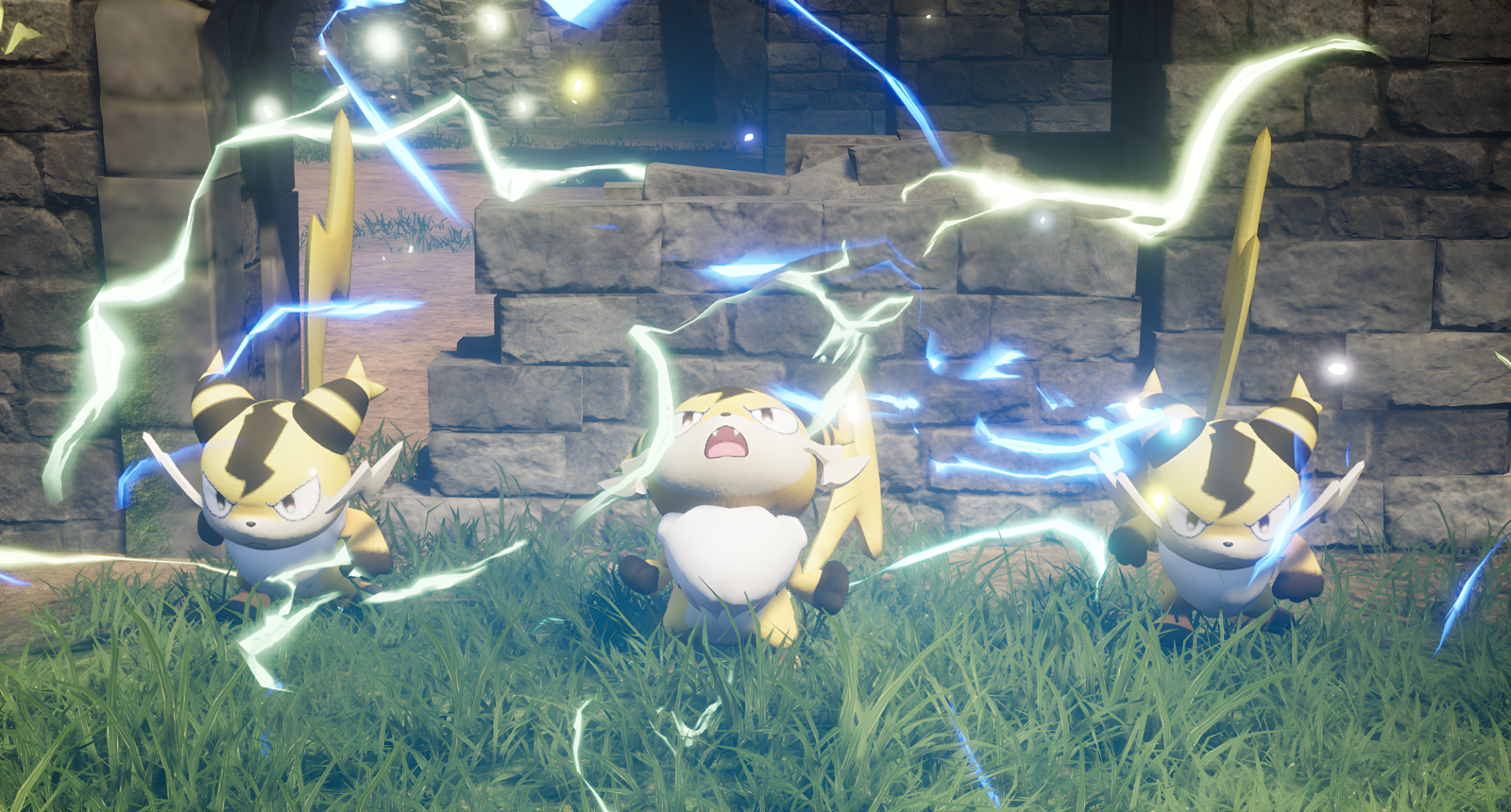 HD desktop wallpaper featuring electric-type creatures from the video game Palworld, set against a night-time backdrop with dynamic lighting effects.