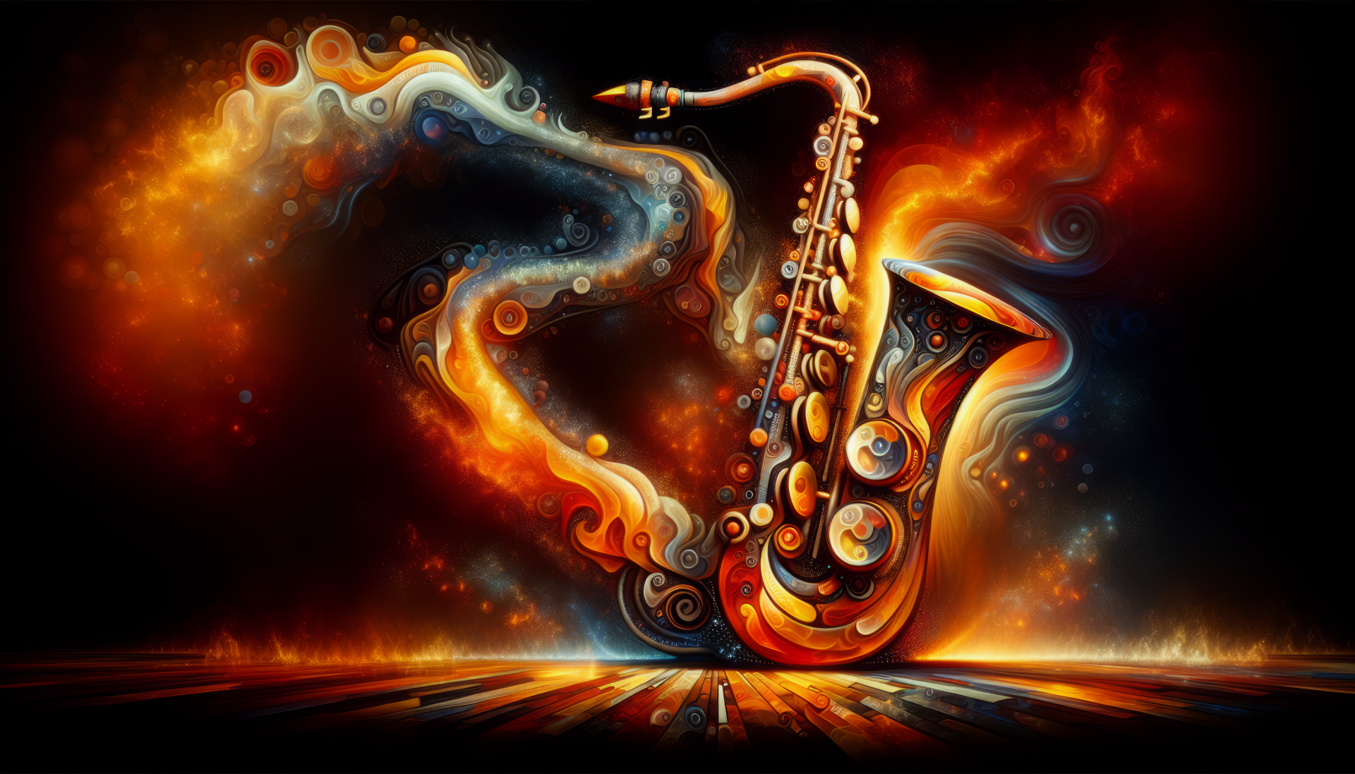 HD wallpaper of an artistic, colorful saxophone with abstract design for desktop background.