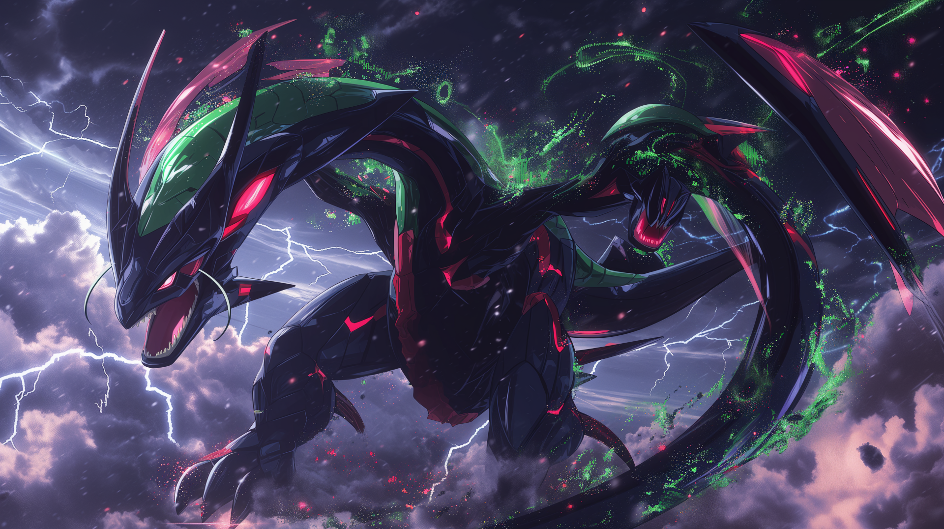 Anime-style dragon monster HD desktop wallpaper with vibrant colors and dynamic lightning background.