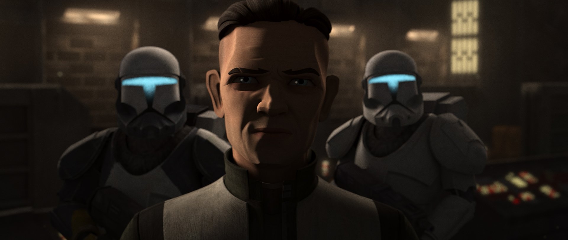 HD desktop wallpaper from Star Wars: The Bad Batch with a central character flanked by troopers in a moody setting.