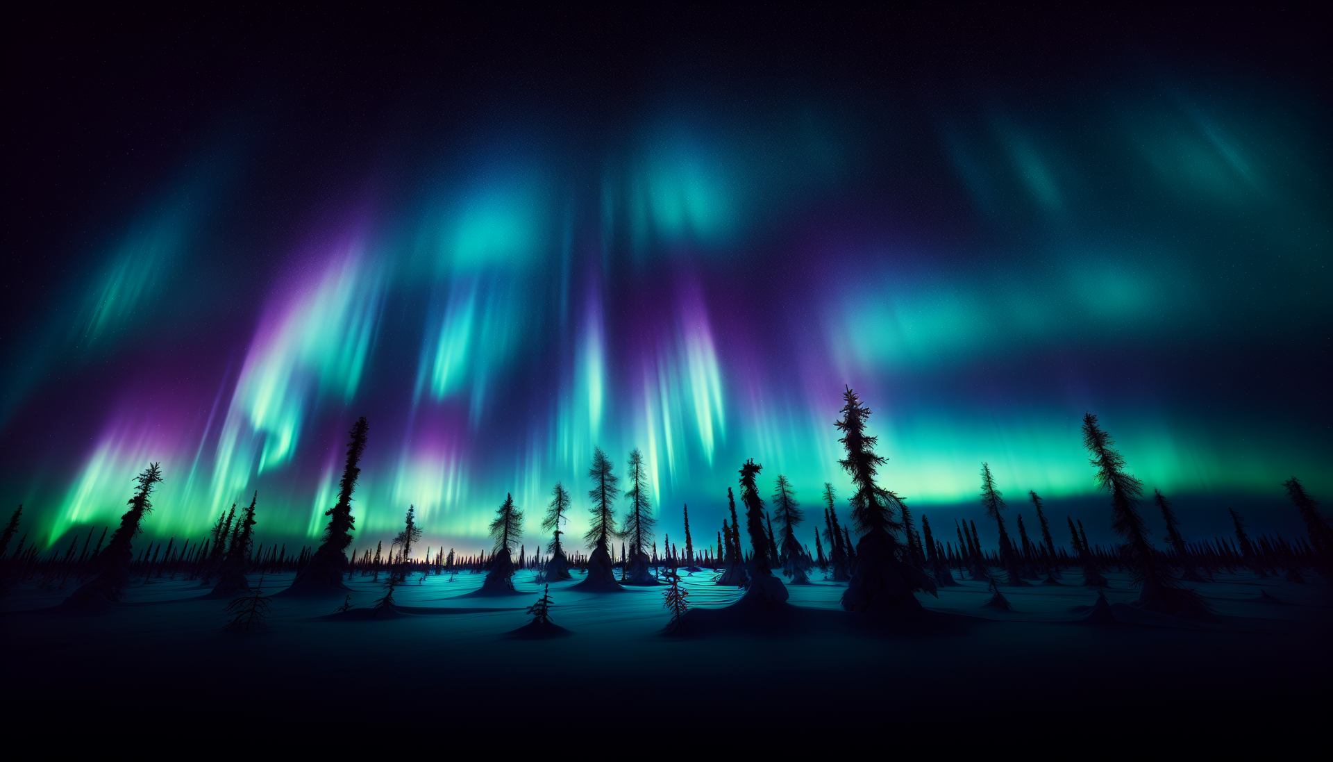 ALT text: Stunning HD desktop wallpaper featuring a mesmerizing light show of aurora borealis over a silhouette of pine trees.