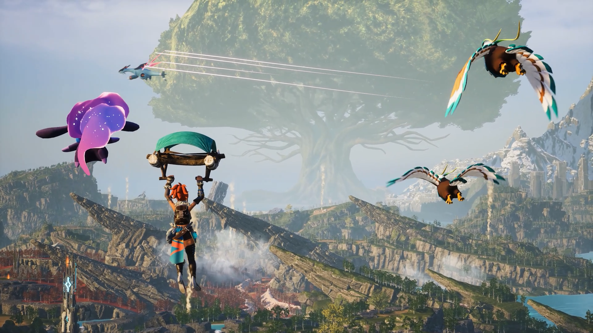 HD desktop wallpaper from the video game Palworld featuring a character gliding through a vibrant landscape with flying creatures and a majestic tree in the background.