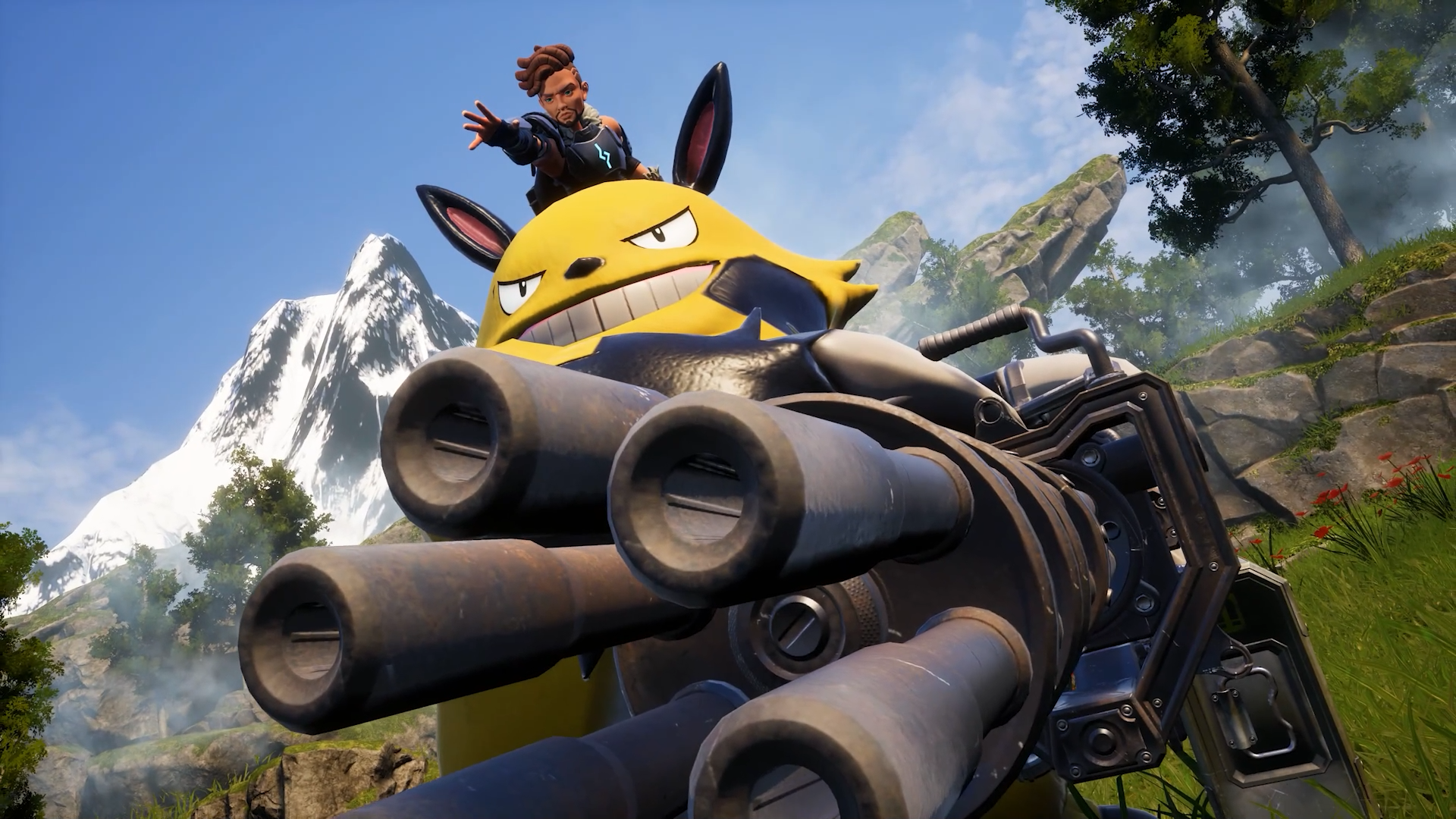 HD wallpaper featuring a scene from the video game Palworld, with a character and a creature next to a multi-barreled cannon in a lush, mountainous landscape.