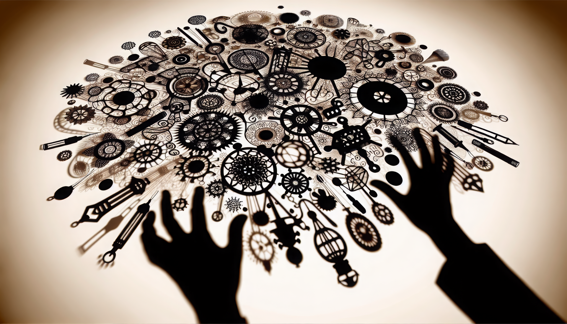 Silhouette of hands reaching towards a burst of intricate gears and cogs, symbolizing creativity and experiment, in a sepia-toned HD desktop wallpaper background.