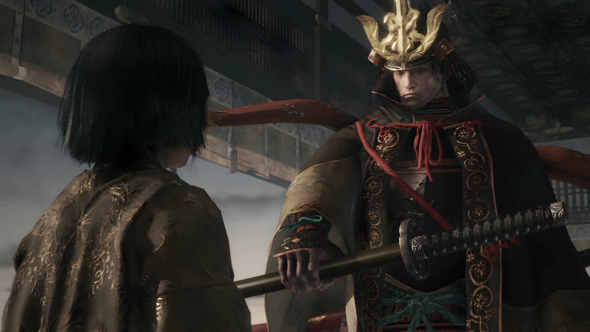 4K Ultra HD PC wallpaper from Sekiro: Shadows Die Twice showing a warrior in ornate armor confronting a hooded figure in a dimly lit, traditional Japanese setting.